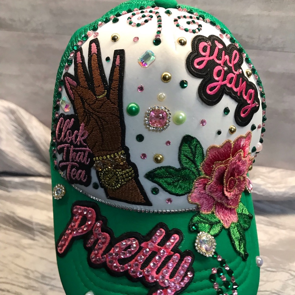 Trucker Hat Embellished Green and  Pink Accents